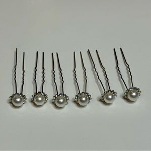 Silver Rhinestone Pearl Bridal Bride Wedding Day Hair Pins Flower 3” Set of 9